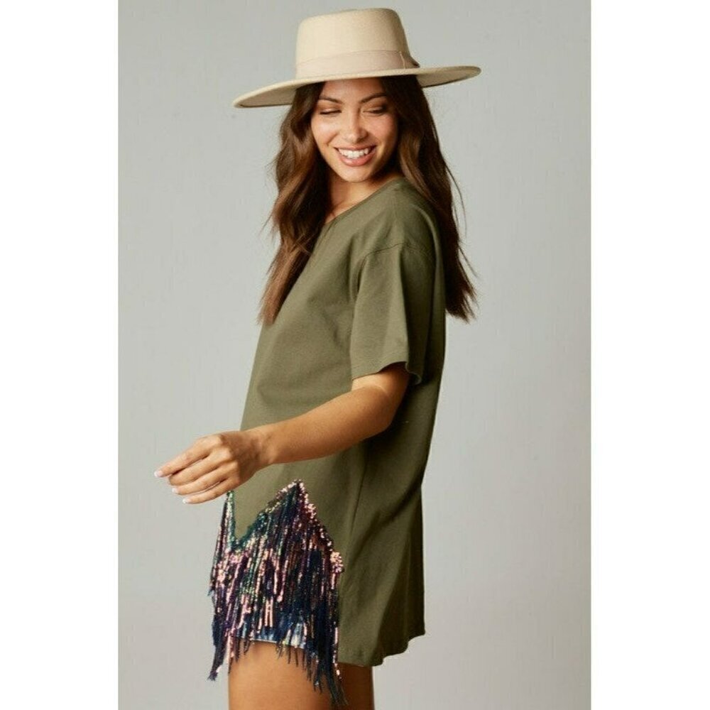Here for the Fringe Chevron Sequin Top in Olive - Picture 4 of 8